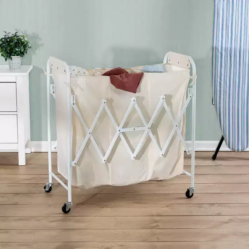 Accordion Triple Sorter: White Steel Rolling Laundry Hamper with Wheels, Collapsible, Open-Top Design