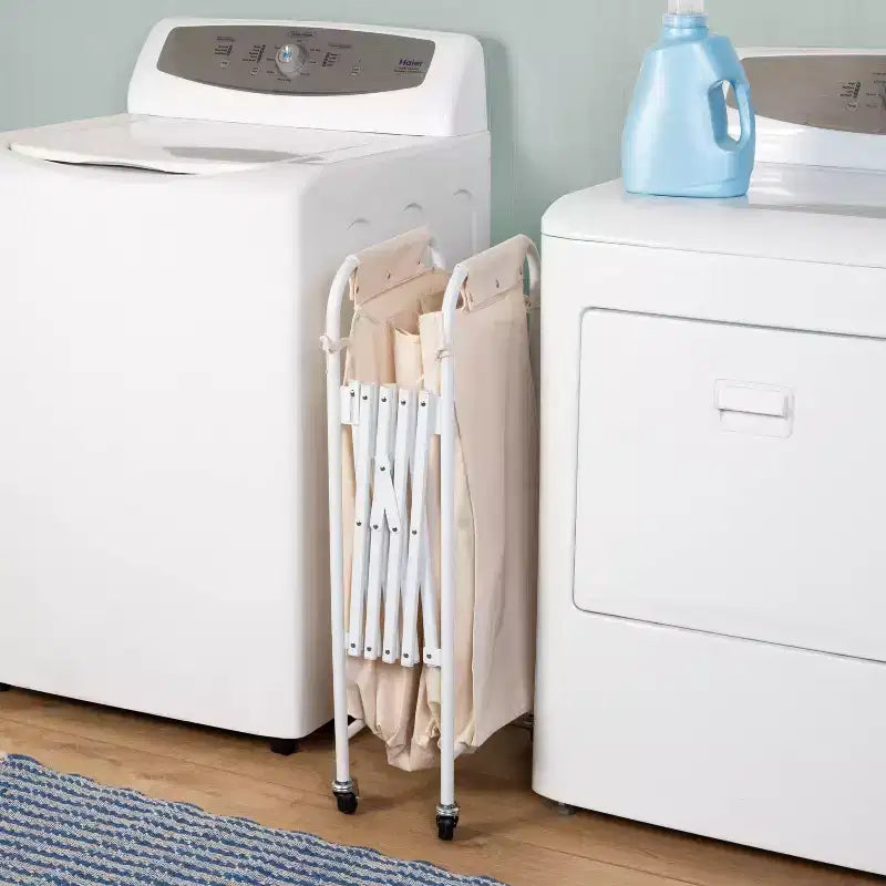 Accordion Triple Sorter: White Steel Rolling Laundry Hamper with Wheels, Collapsible, Open-Top Design