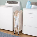 Accordion Triple Sorter: White Steel Rolling Laundry Hamper with Wheels, Collapsible, Open-Top Design