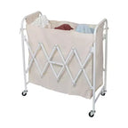 Accordion Triple Sorter: White Steel Rolling Laundry Hamper with Wheels, Collapsible, Open-Top Design