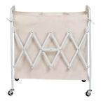 Accordion Triple Sorter: White Steel Rolling Laundry Hamper with Wheels, Collapsible, Open-Top Design