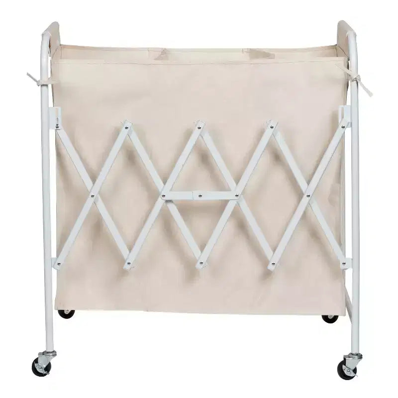 Accordion Triple Sorter: White Steel Rolling Laundry Hamper with Wheels, Collapsible, Open-Top Design
