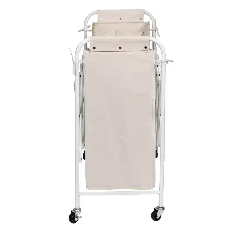 Accordion Triple Sorter: White Steel Rolling Laundry Hamper with Wheels, Collapsible, Open-Top Design