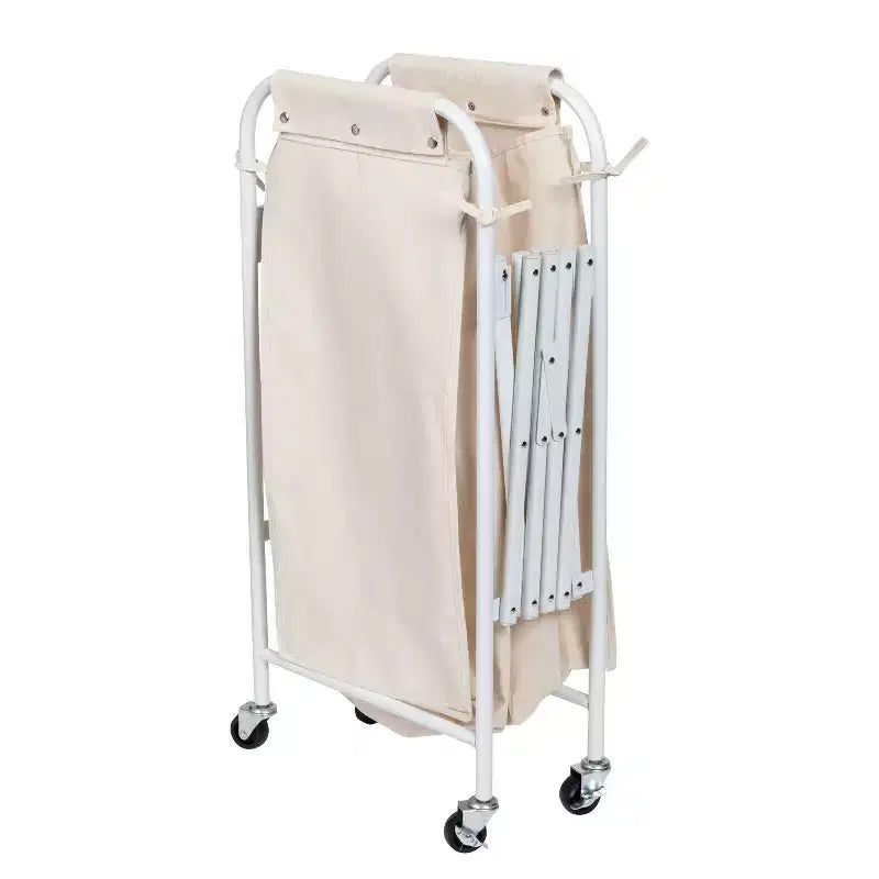 Accordion Triple Sorter: White Steel Rolling Laundry Hamper with Wheels, Collapsible, Open-Top Design