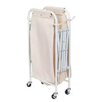 Accordion Triple Sorter: White Steel Rolling Laundry Hamper with Wheels, Collapsible, Open-Top Design