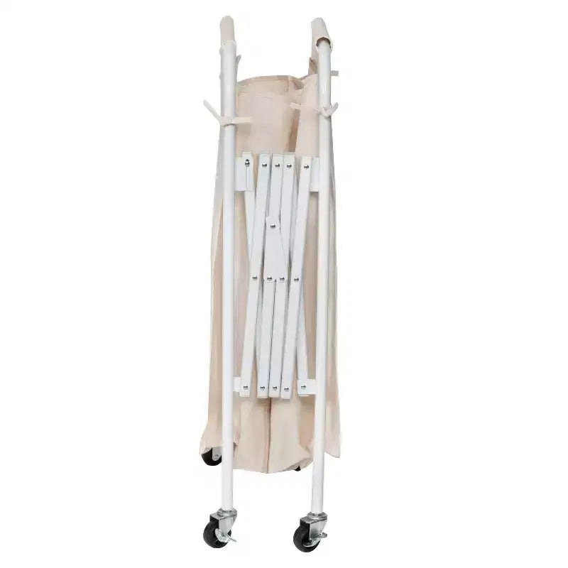 Accordion Triple Sorter: White Steel Rolling Laundry Hamper with Wheels, Collapsible, Open-Top Design