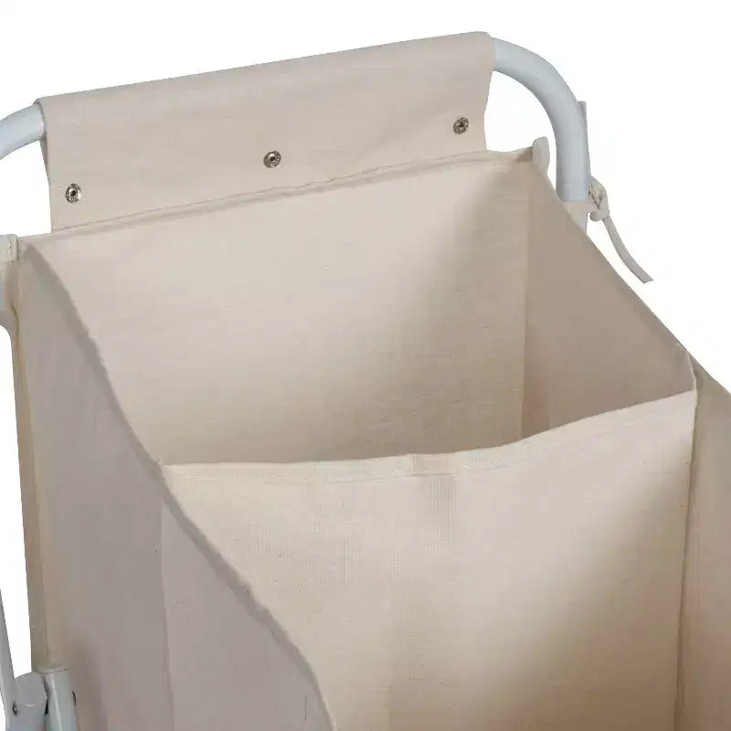 Accordion Triple Sorter: White Steel Rolling Laundry Hamper with Wheels, Collapsible, Open-Top Design