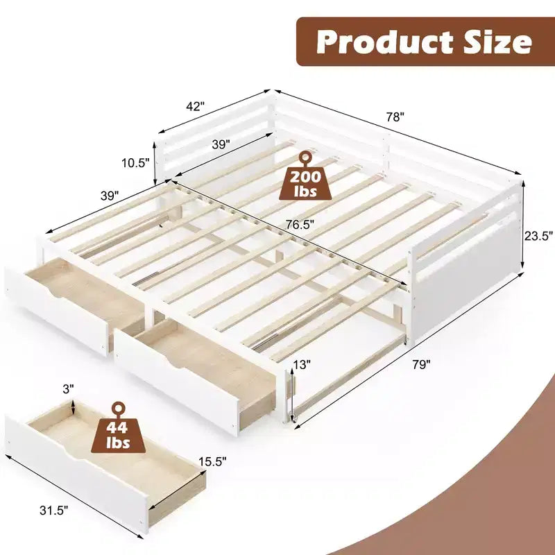 Twin to King Daybed with 2 Drawers Wooden Sofa Bed for Bedroom Living Room White/Cherry