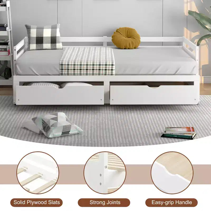 Twin to King Daybed with 2 Drawers Wooden Sofa Bed for Bedroom Living Room White/Cherry