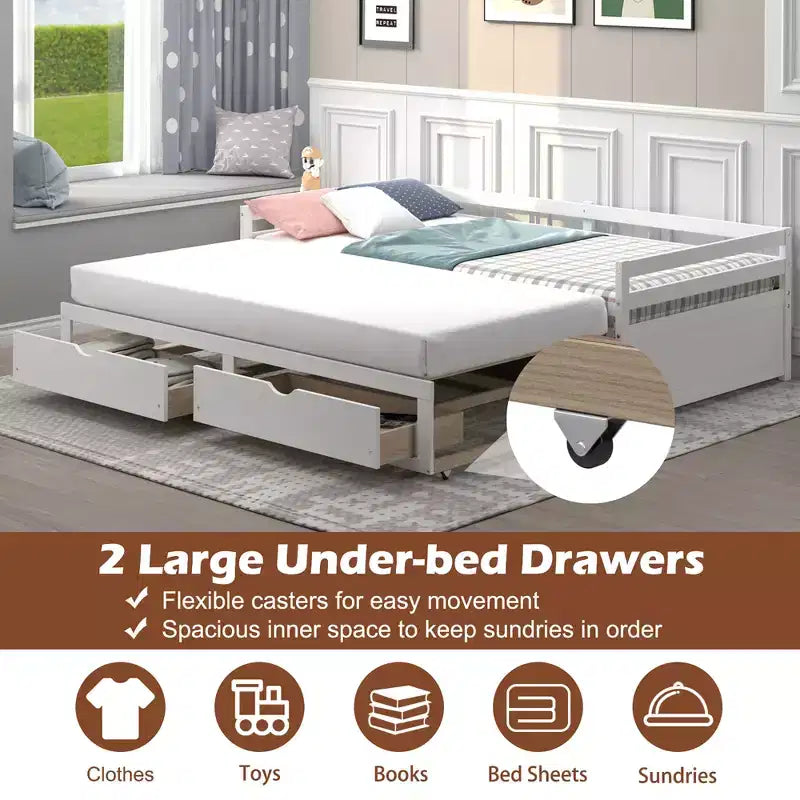 Twin to King Daybed with 2 Drawers Wooden Sofa Bed for Bedroom Living Room White/Cherry