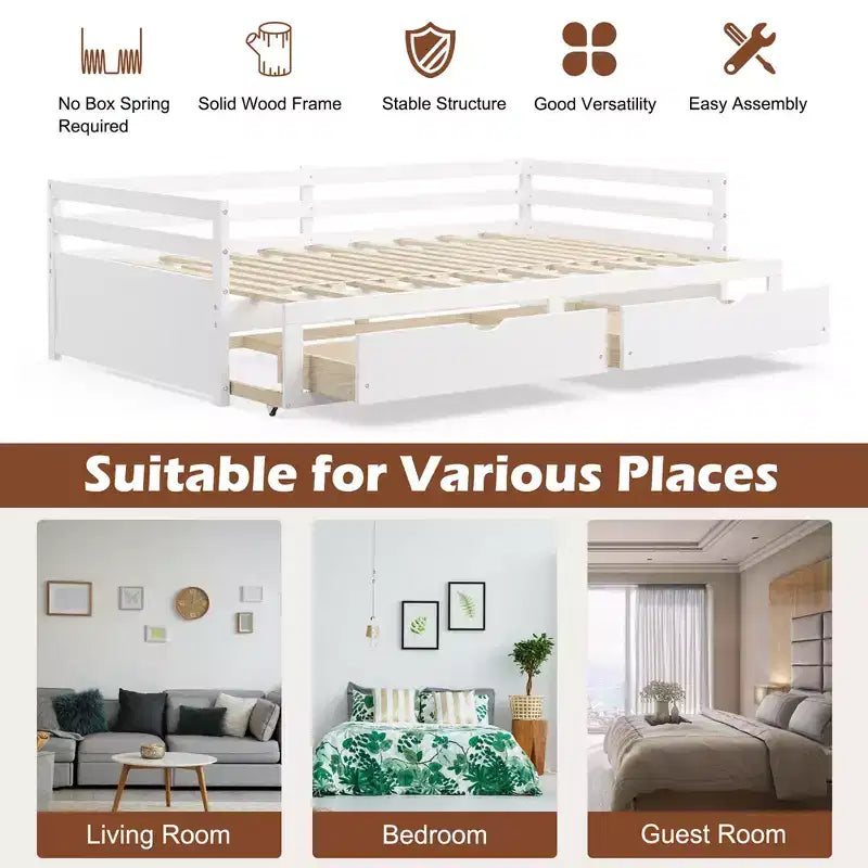 Twin to King Daybed with 2 Drawers Wooden Sofa Bed for Bedroom Living Room White/Cherry