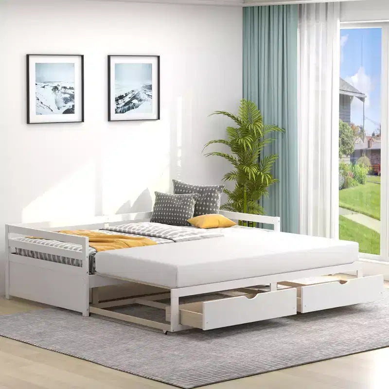 Twin to King Daybed with 2 Drawers Wooden Sofa Bed for Bedroom Living Room White/Cherry
