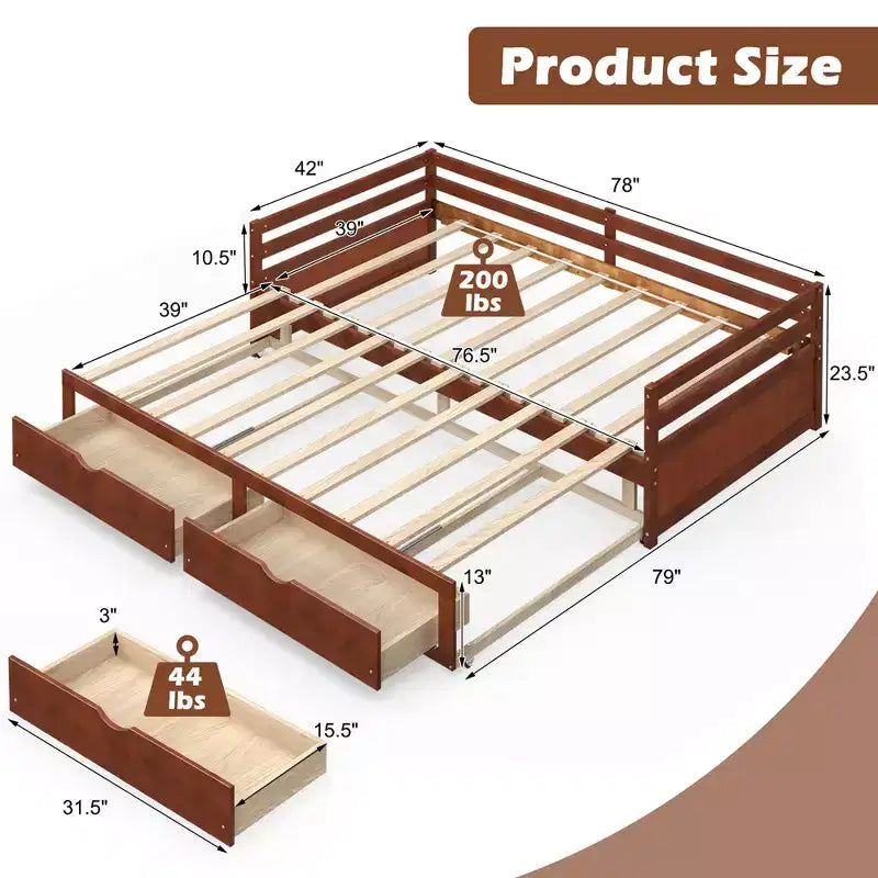 Twin to King Daybed with 2 Drawers Wooden Sofa Bed for Bedroom Living Room White/Cherry