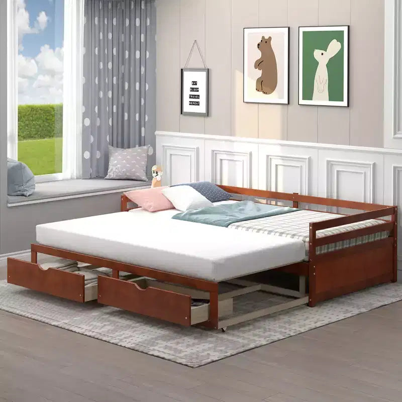 Twin to King Daybed with 2 Drawers Wooden Sofa Bed for Bedroom Living Room White/Cherry
