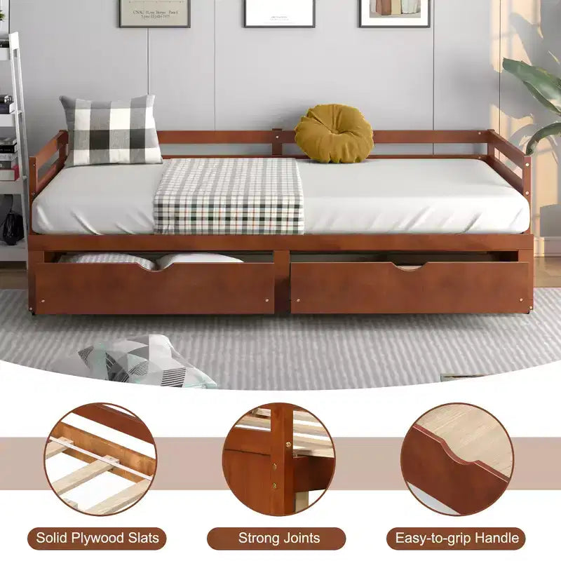 Twin to King Daybed with 2 Drawers Wooden Sofa Bed for Bedroom Living Room White/Cherry