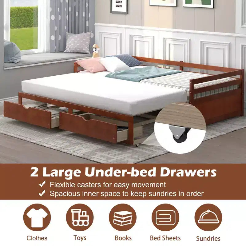 Twin to King Daybed with 2 Drawers Wooden Sofa Bed for Bedroom Living Room White/Cherry