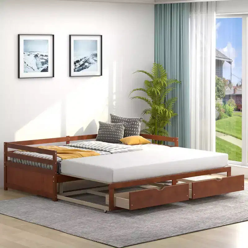Twin to King Daybed with 2 Drawers Wooden Sofa Bed for Bedroom Living Room White/Cherry