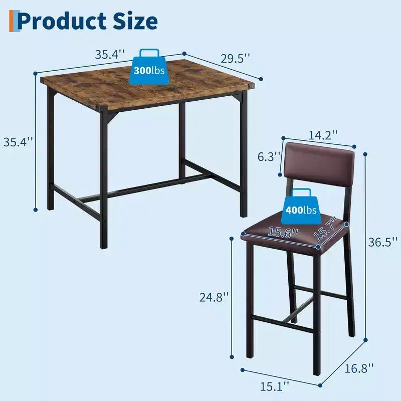 Dining Table Set for 2 w/Counter Height Table & 2 Upholstered Stools,3-Pcs Kitchen Table Set with Corner Protector,for Kitchen Room,Apartment,Pub