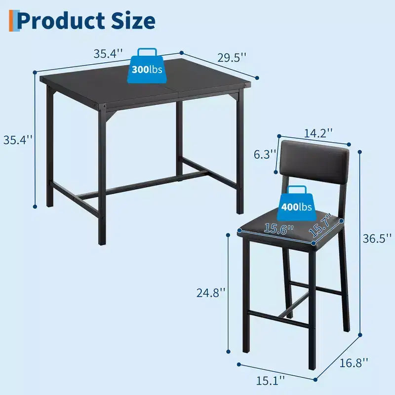 Dining Table Set for 2 w/Counter Height Table & 2 Upholstered Stools,3-Pcs Kitchen Table Set with Corner Protector,for Kitchen Room,Apartment,Pub