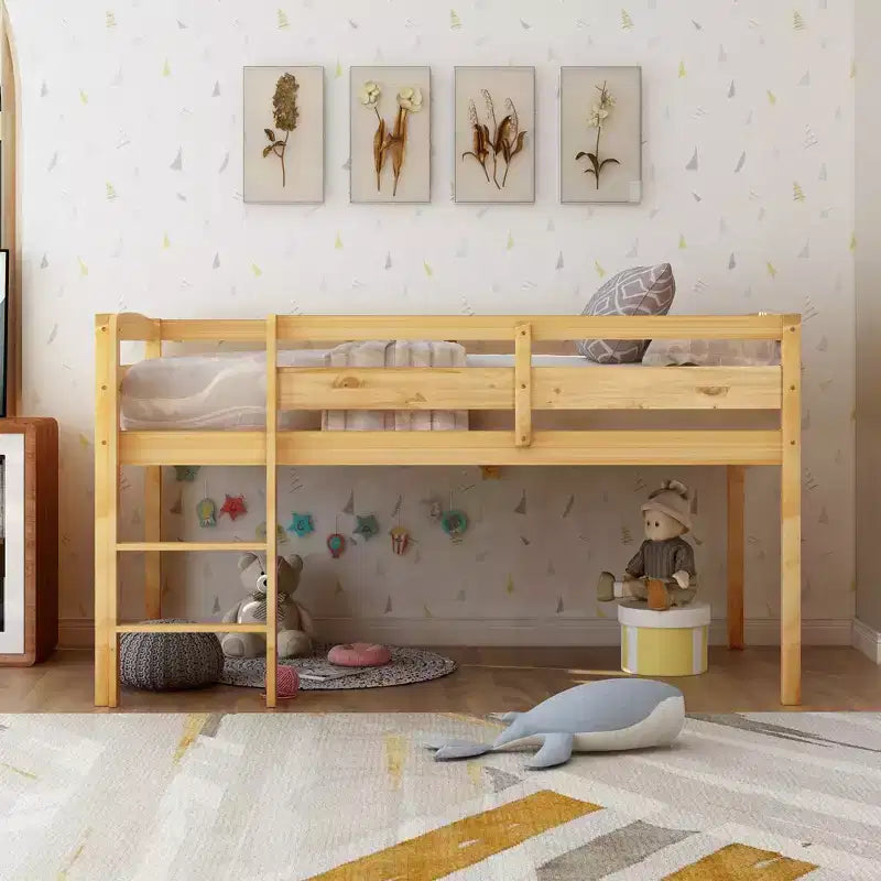 Twin Loft Bed Frame with Ladder, Solid Wood Low Twin Size Loft Bed for Boys Girls