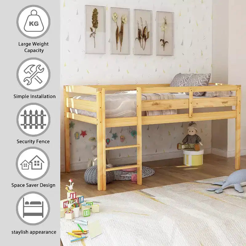 Twin Loft Bed Frame with Ladder, Solid Wood Low Twin Size Loft Bed for Boys Girls