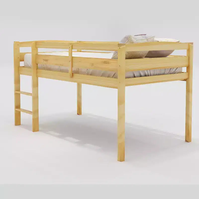 Twin Loft Bed Frame with Ladder, Solid Wood Low Twin Size Loft Bed for Boys Girls