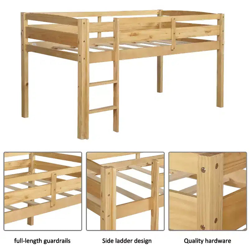 Twin Loft Bed Frame with Ladder, Solid Wood Low Twin Size Loft Bed for Boys Girls