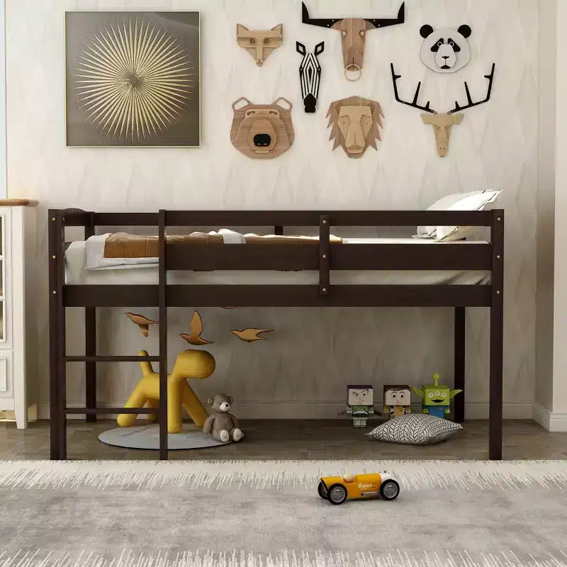 Twin Loft Bed Frame with Ladder, Solid Wood Low Twin Size Loft Bed for Boys Girls