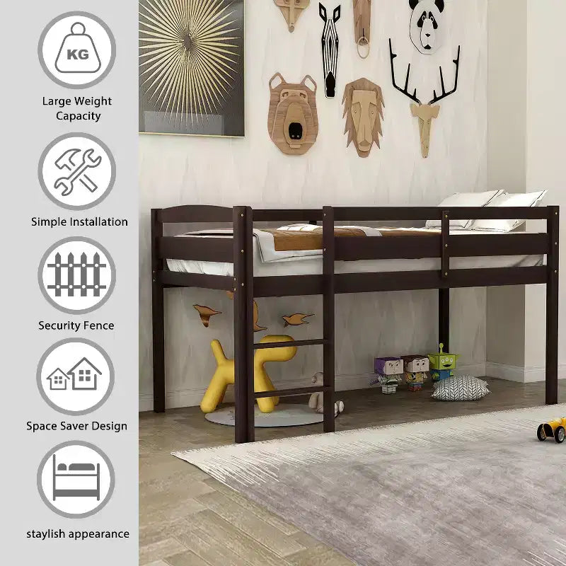 Twin Loft Bed Frame with Ladder, Solid Wood Low Twin Size Loft Bed for Boys Girls