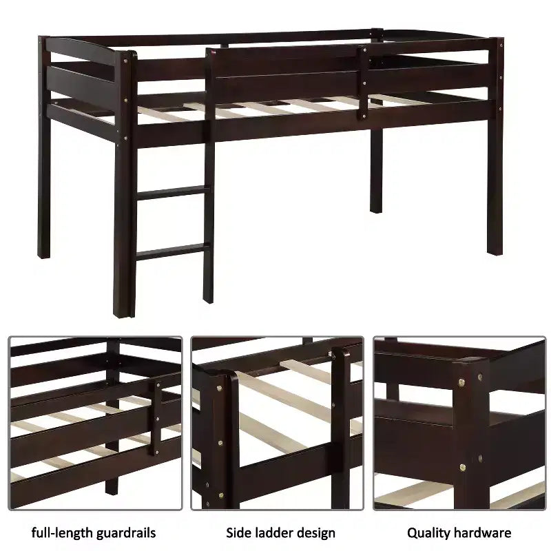 Twin Loft Bed Frame with Ladder, Solid Wood Low Twin Size Loft Bed for Boys Girls