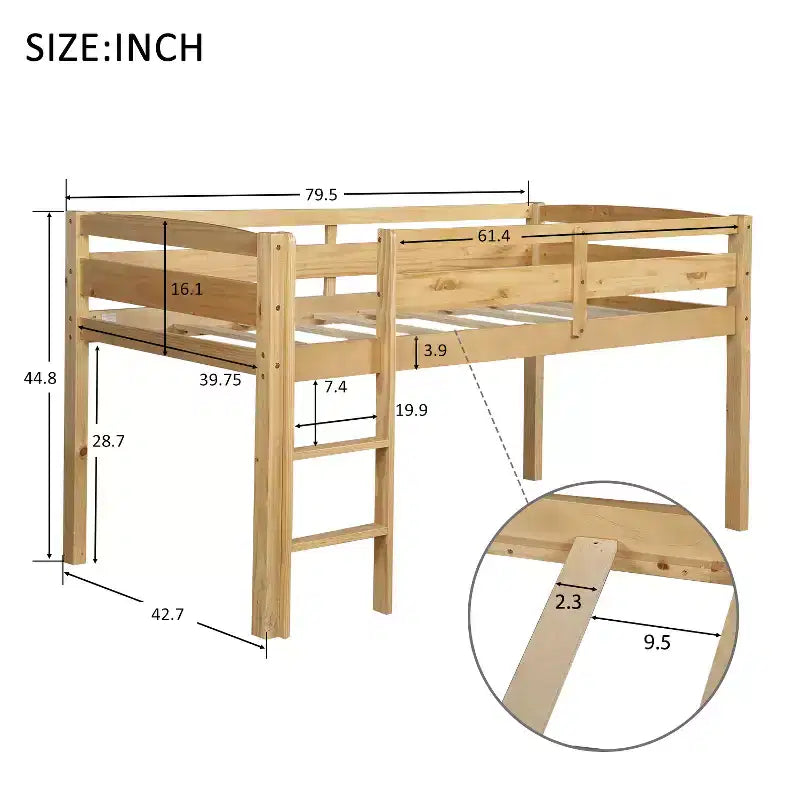 Twin Loft Bed Frame with Ladder, Solid Wood Low Twin Size Loft Bed for Boys Girls