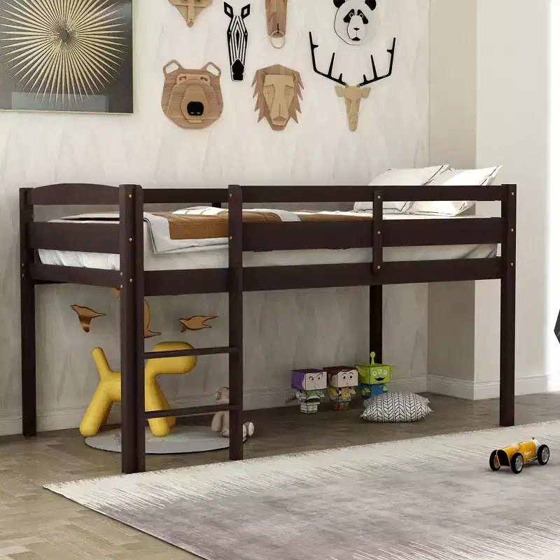 Twin Loft Bed Frame with Ladder, Solid Wood Low Twin Size Loft Bed for Boys Girls
