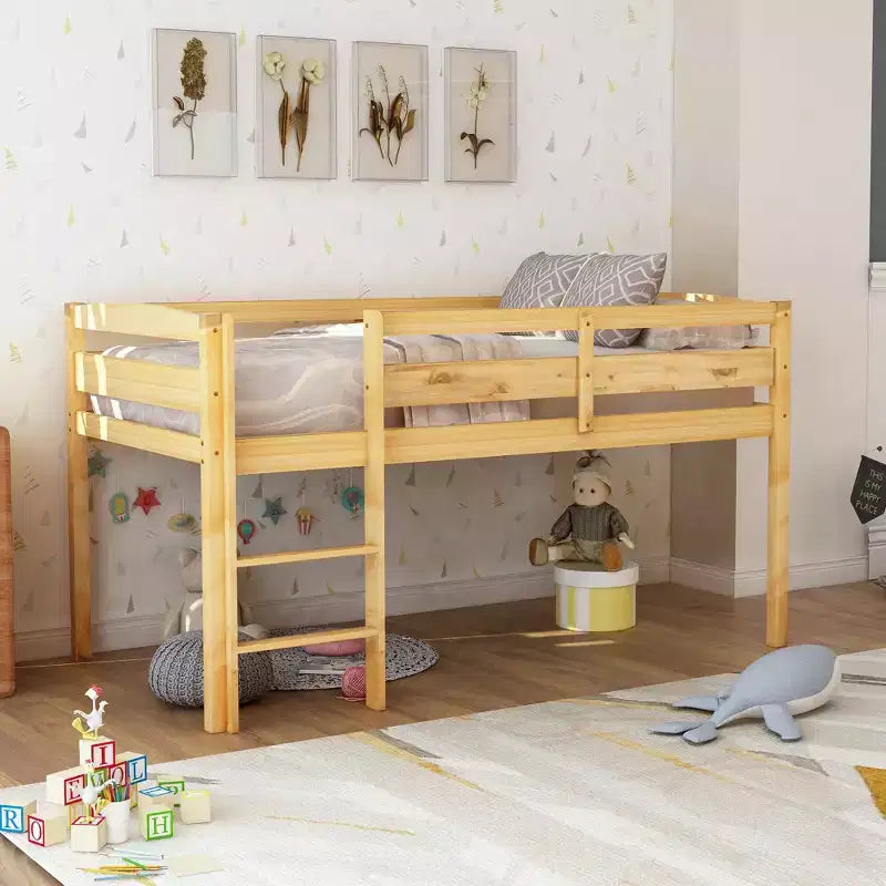 Twin Loft Bed Frame with Ladder, Solid Wood Low Twin Size Loft Bed for Boys Girls