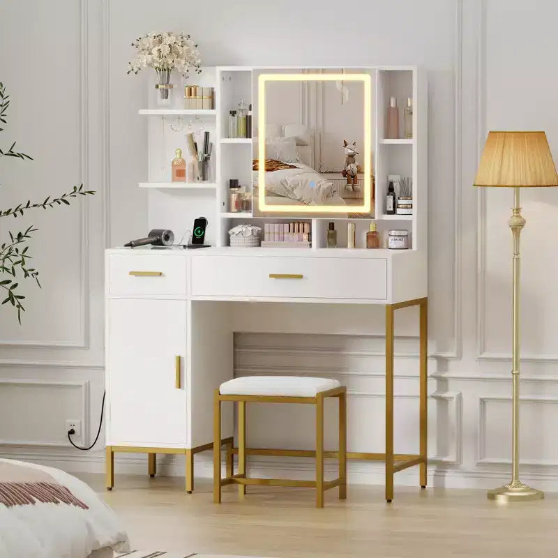 Makeup Vanity Desk with Mirror and Lights, 3 Lighting Modes Adjustable, Soft Cushioned Stool, 2 Drawers, Open Shelves, for Bedroom, Living room