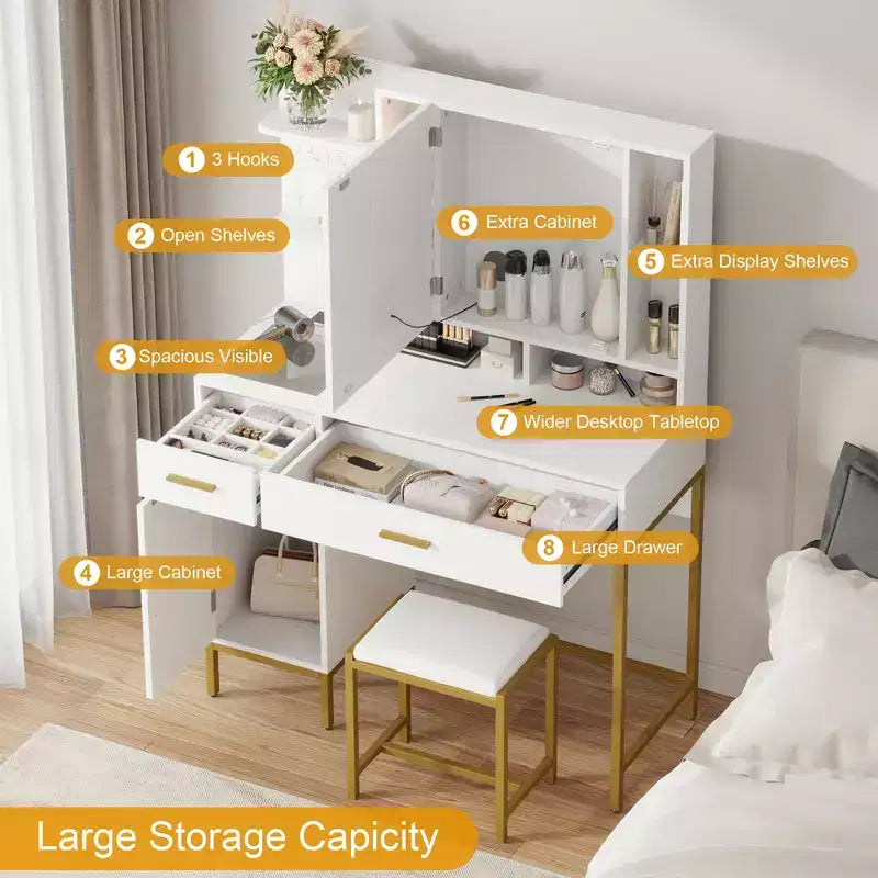 Makeup Vanity Desk with Mirror and Lights, 3 Lighting Modes Adjustable, Soft Cushioned Stool, 2 Drawers, Open Shelves, for Bedroom, Living room