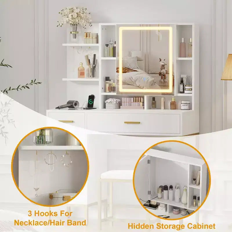 Makeup Vanity Desk with Mirror and Lights, 3 Lighting Modes Adjustable, Soft Cushioned Stool, 2 Drawers, Open Shelves, for Bedroom, Living room