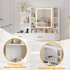 Makeup Vanity Desk with Mirror and Lights, 3 Lighting Modes Adjustable, Soft Cushioned Stool, 2 Drawers, Open Shelves, for Bedroom, Living room