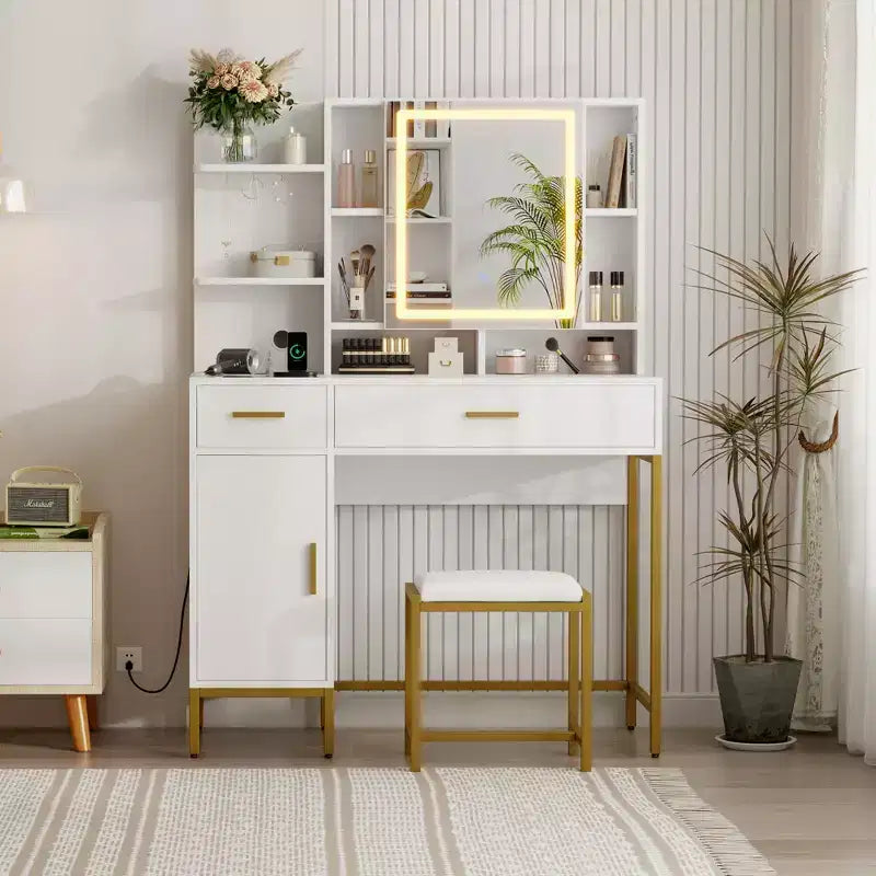 Makeup Vanity Desk with Mirror and Lights, 3 Lighting Modes Adjustable, Soft Cushioned Stool, 2 Drawers, Open Shelves, for Bedroom, Living room