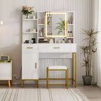 Makeup Vanity Desk with Mirror and Lights, 3 Lighting Modes Adjustable, Soft Cushioned Stool, 2 Drawers, Open Shelves, for Bedroom, Living room