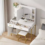 Makeup Vanity Desk with Mirror and Lights, 3 Lighting Modes Adjustable, Soft Cushioned Stool, 2 Drawers, Open Shelves, for Bedroom, Living room