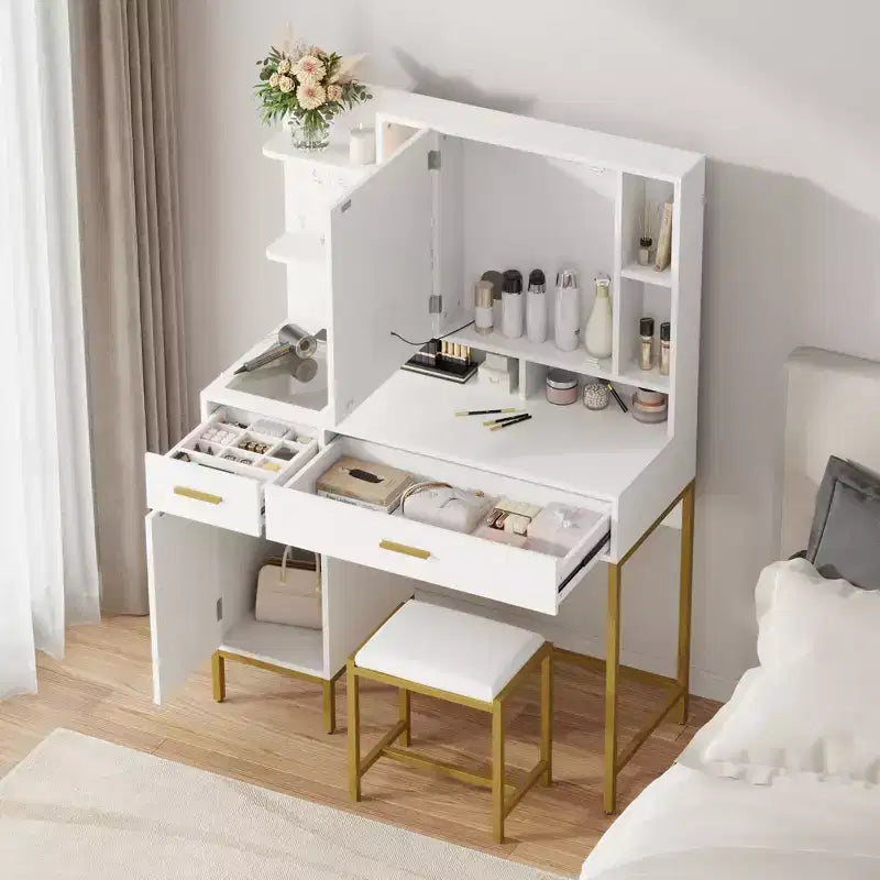 Makeup Vanity Desk with Mirror and Lights, 3 Lighting Modes Adjustable, Soft Cushioned Stool, 2 Drawers, Open Shelves, for Bedroom, Living room