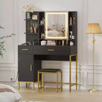 Makeup Vanity Desk with Mirror and Lights, 3 Lighting Modes Adjustable, Soft Cushioned Stool, 2 Drawers, Open Shelves, for Bedroom, Living room