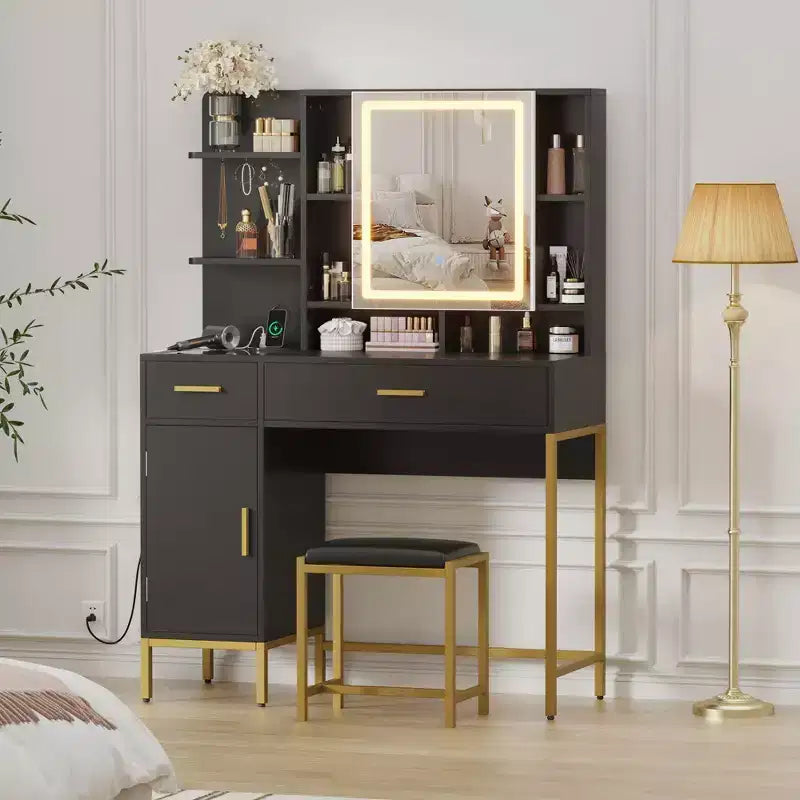 Makeup Vanity Desk with Mirror and Lights, 3 Lighting Modes Adjustable, Soft Cushioned Stool, 2 Drawers, Open Shelves, for Bedroom, Living room