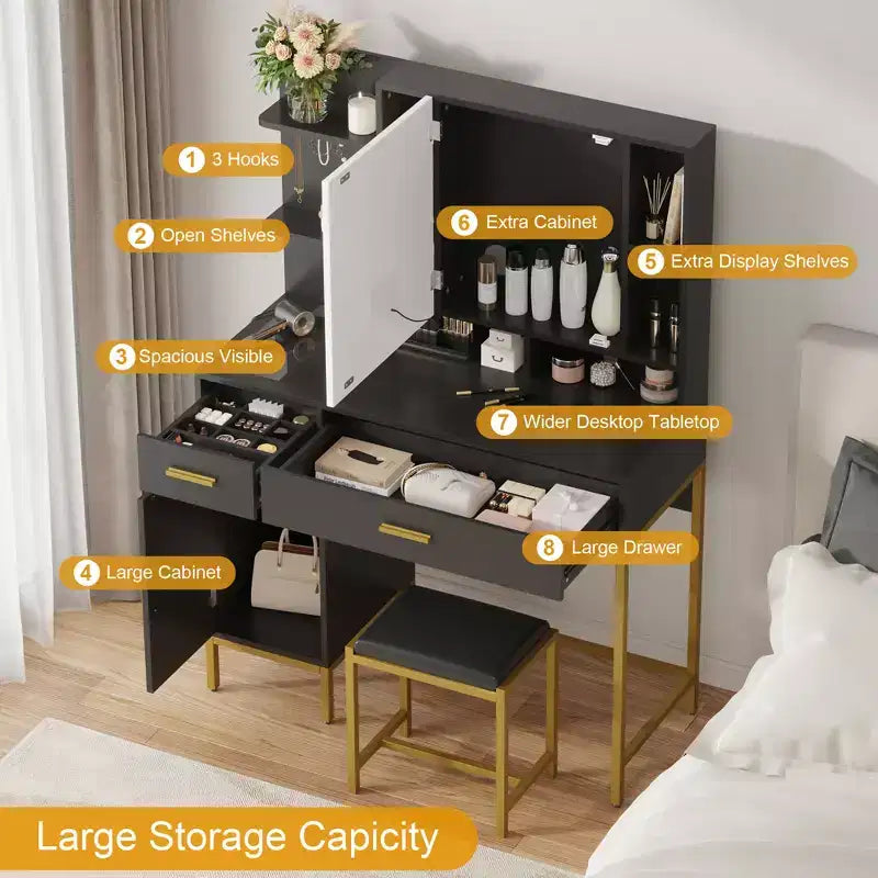 Makeup Vanity Desk with Mirror and Lights, 3 Lighting Modes Adjustable, Soft Cushioned Stool, 2 Drawers, Open Shelves, for Bedroom, Living room