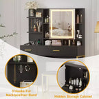 Makeup Vanity Desk with Mirror and Lights, 3 Lighting Modes Adjustable, Soft Cushioned Stool, 2 Drawers, Open Shelves, for Bedroom, Living room