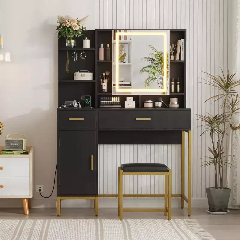Makeup Vanity Desk with Mirror and Lights, 3 Lighting Modes Adjustable, Soft Cushioned Stool, 2 Drawers, Open Shelves, for Bedroom, Living room