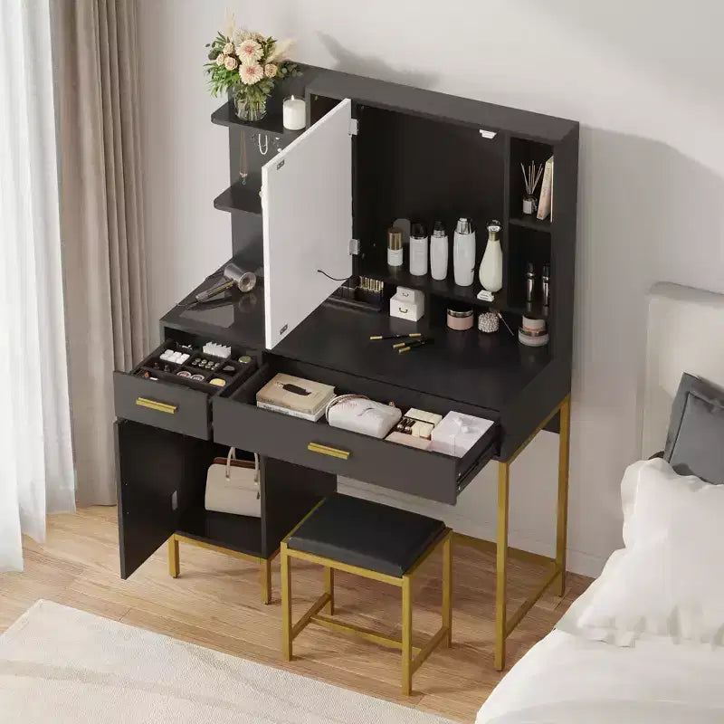 Makeup Vanity Desk with Mirror and Lights, 3 Lighting Modes Adjustable, Soft Cushioned Stool, 2 Drawers, Open Shelves, for Bedroom, Living room