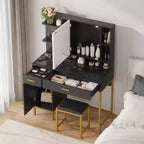 Makeup Vanity Desk with Mirror and Lights, 3 Lighting Modes Adjustable, Soft Cushioned Stool, 2 Drawers, Open Shelves, for Bedroom, Living room