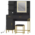 Makeup Vanity Desk with Mirror and Lights, 3 Lighting Modes Adjustable, Soft Cushioned Stool, 2 Drawers, Open Shelves, for Bedroom, Living room