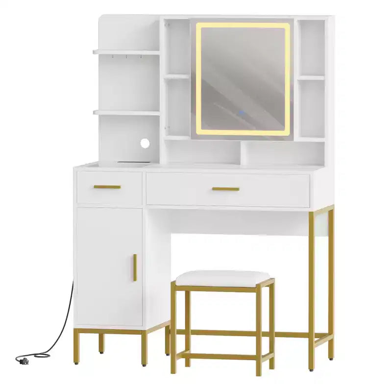 Makeup Vanity Desk with Mirror and Lights, 3 Lighting Modes Adjustable, Soft Cushioned Stool, 2 Drawers, Open Shelves, for Bedroom, Living room